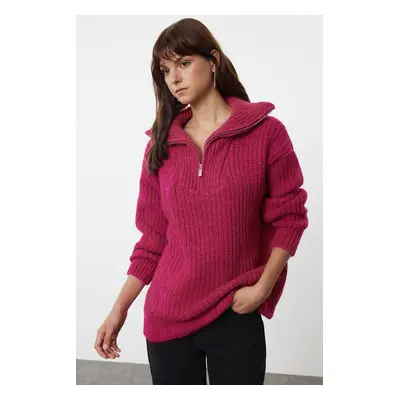 Trendyol Fuchsia Soft Textured Stand Collar Knitwear Sweater