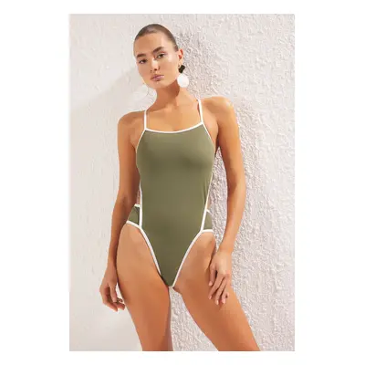 Trendyol Khaki Barbell Neck Piping Swimsuit