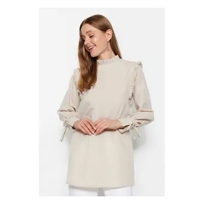 Trendyol Stone Shoulder and Cuff Frilly Woven Cotton Tunic