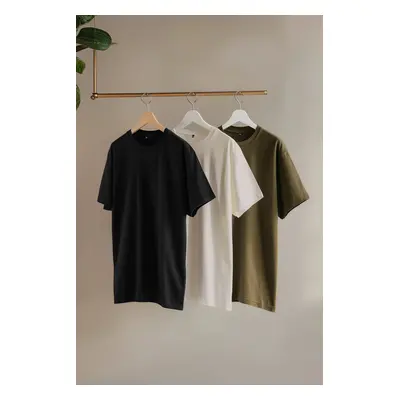 Trendyol Black-Stone-Khaki Large Size 3-Pack Regular Cut 100% Cotton T-Shirt