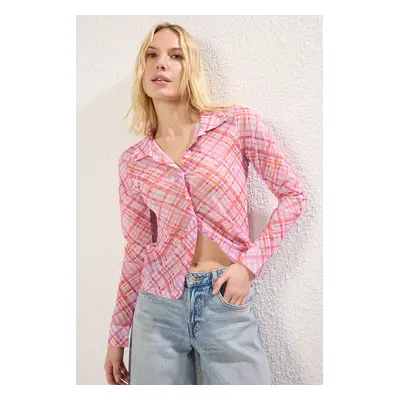 Trendyol Pink Tulle Fitted/Body Fitted Plaid Patterned Flexible Shirt