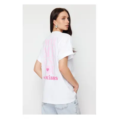 Trendyol White 100% Cotton Back and Front Slogan Printed Oversize/Casual Cut Knitted T-Shirt