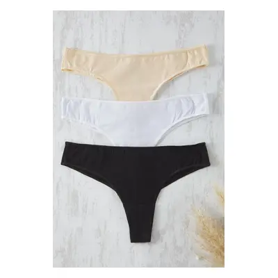 Trendyol Black-White-Skin 3-Pack Micro Laser Cut Plain Thong Panties