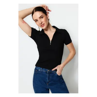 Trendyol Black Zipper Detail Fitted/Simple Polo Collar Ribbed Stretch Knitted Blouse