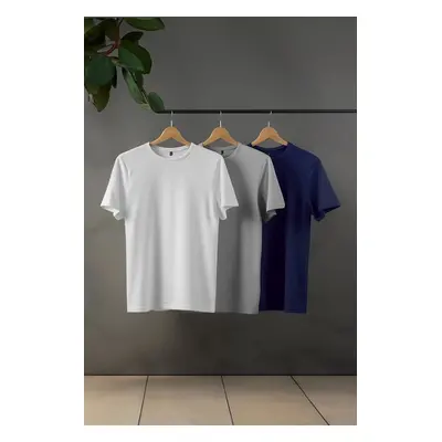 Trendyol Navy Blue-Grey-Ecru 3-Pack Black Slim/Slim Cut Basic 100% Cotton T-Shirt