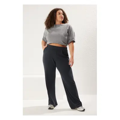 Trendyol Curve Anthracite Wide Leg Pleated Modal Flowy Knit Plus Size Trousers