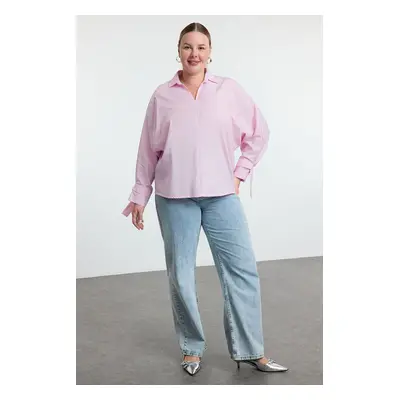 Trendyol Curve Pink-White Striped Basic Long Sleeve Elastic Back Woven Plus Size Blouse