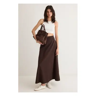 Trendyol Brown Flounce Maxi Denim Skirt