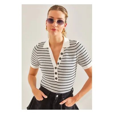 Bianco Lucci Women's Collar Buttonhole Striped Knitwear Blouse