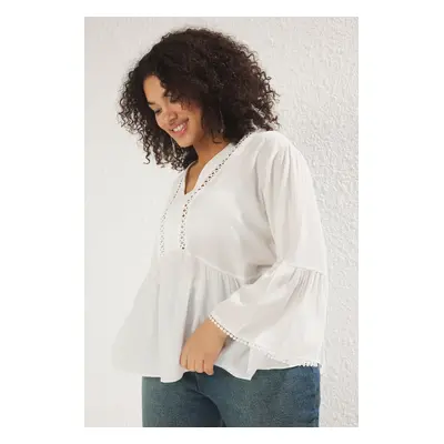 Trendyol Curve White V Neck Long Sleeve Textured Peplum Woven Plus Size Blouse