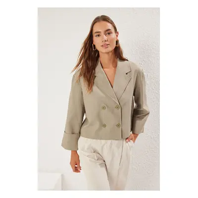 Trendyol Khaki Linen Look Double Breasted Oversize Woven Blazer Jacket