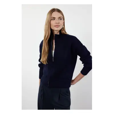 Trendyol Navy Blue Soft Textured Zippered Knitwear Cardigan