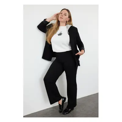 Trendyol Curve Black Rib Detailed Elastic Waist Knitted Wide Leg Plus Size Trousers