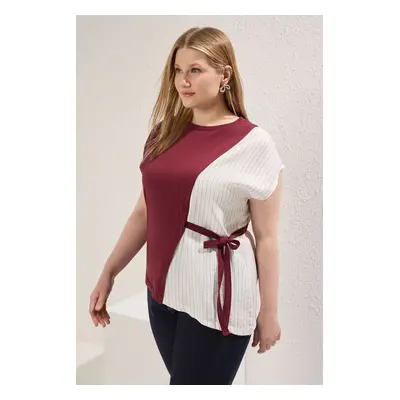 Trendyol Curve Dark Cherry Tied Striped Fabric Detailed Knitting Plus Size Blouse