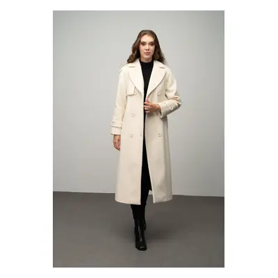 Olcay Epaulette and Cape Detailed Raglan Sleeve Double Breasted Coat ECRU