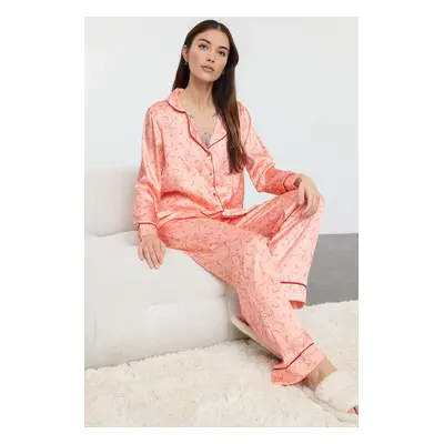 Trendyol Salmon New Year Themed Piping Detailed Satin Woven Pajama Set