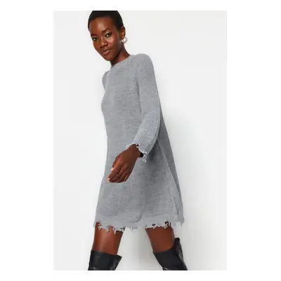 Trendyol Gray Mini Knitwear Wide Patterned Plain Dress with Draping Detail