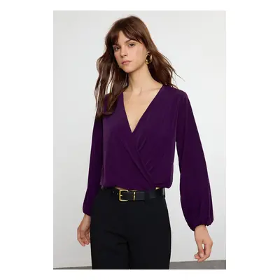 Trendyol Dark Purple Slim Double Breasted Collar Stretchy Knitted Blouse