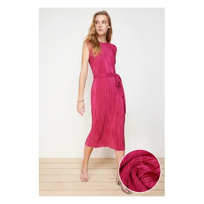 Trendyol Fuchsia Plain Padded Midi Padded Belted Pleated Knit Dress