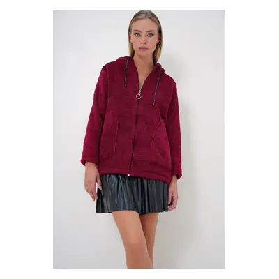 Trend Alaçatı Stili Women's Burgundy Hooded Front Zippered Double Pocket Oversize Plush Sweatshi