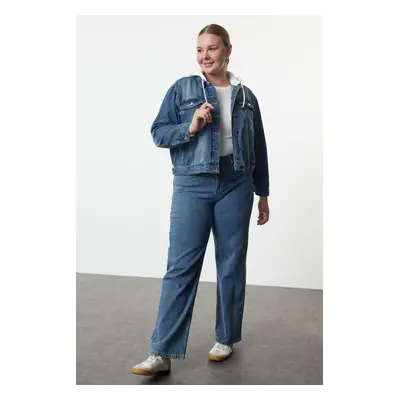 Trendyol Curve Blue Hooded Plus Size Denim Jacket