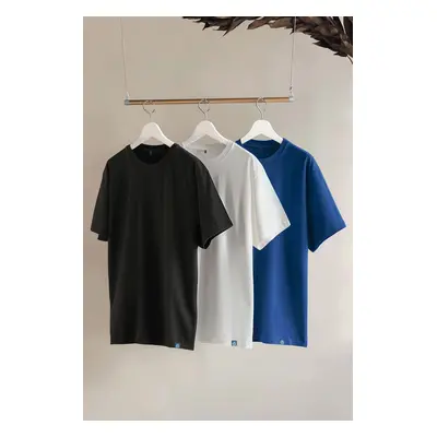 Trendyol Black-White-Navy Blue 3some Oversize/Wide Cut Tagged 100% Cotton T-shirt