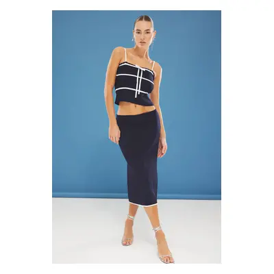 Trendyol Navy Blue Striped Ribbon Detail Blouse-Skirt Knitwear Bottom-Top Set