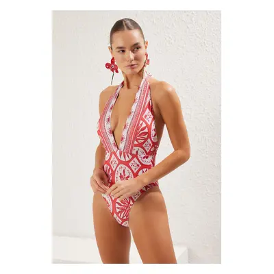 Trendyol Tropical Patterned Deep V Neck Swimsuit