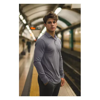 Trendyol Gray Slim/Narrow Cut Long Sleeve Basic Polo Neck T-shirt