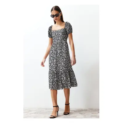 Trendyol Black Floral Waist Opening Viscose Gimped Midi Woven Dress