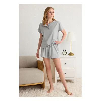 Trendyol Gray Melange Plain Half Placket Jersey Knitted Pajamas Set