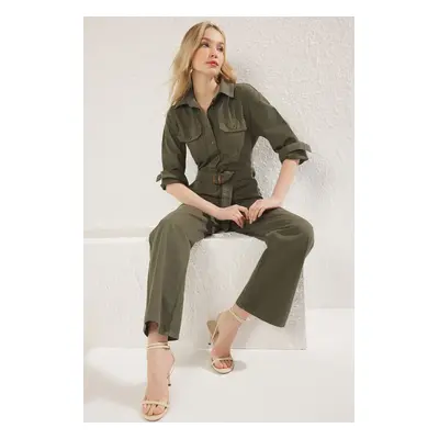 Trendyol Khaki Belted Shirt Collar Denim Wide Leg Jumpsuit