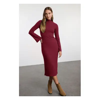 Trendyol Claret Red Plain Slit Midi Bodycone/Fits on the Body Elastic Ribbed Knit Dress