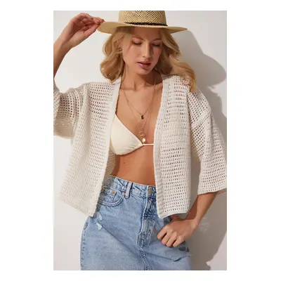 Happiness İstanbul Women's Bone Openwork Summer Knitwear Cardigan