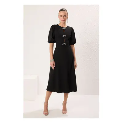 Trendyol Black Straight Hem Waist Opening Bow Woven Finike Midi Unlined Cocktail Dress