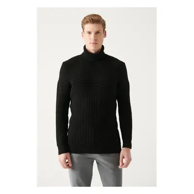 Avva Men's Black Full Turtleneck Textured Knitwear Sweater