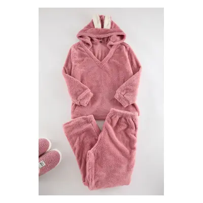 Trendyol Curve Pink Wellsoft/Plush Hooded Ear Detailed Knitted Pajama Set