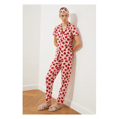 Trendyol Pink Strawberry Patterned Piping Detailed Sleep Band Knitted Pajama Set