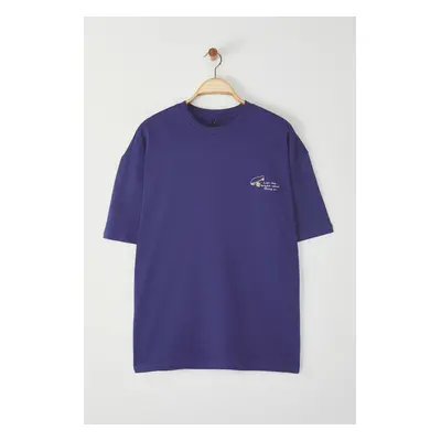 Trendyol Purple Oversize/Wide Cut Minimal Embroidery 100% Cotton T-Shirt