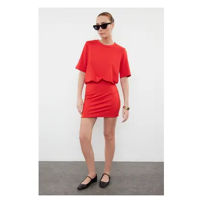 Trendyol Red Plain Soft Fabric Fitted Short Sleeve Stretchy Knitted Dress