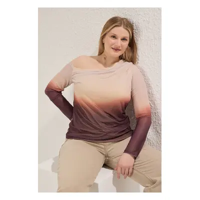 Trendyol Curve Beige Tulle Lined Abstract Patterned Asymmetric Collar Knitted Plus Size Blouse