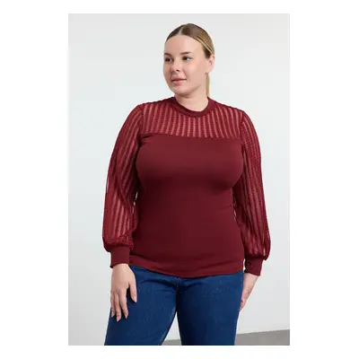 Trendyol Curve Claret Red Stand Collar Lace Knitted Plus Size Blouse