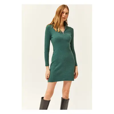 Olalook Women's Green High Neck Zippered Thick Ribbed Mini Dress