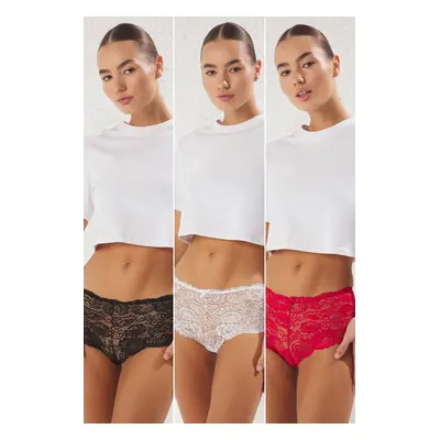 Trendyol Black-White-Red 3-Piece Lace Openwork Hipster Panties