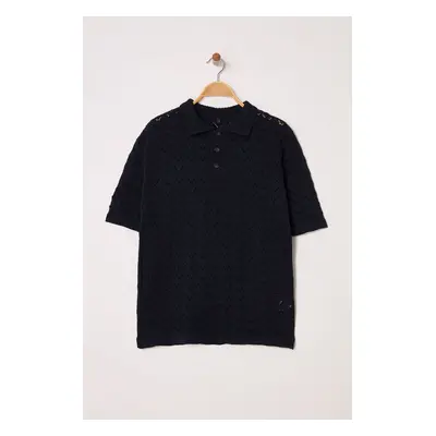 Trendyol Navy Blue Regular Openwork Knitwear Polo Neck T-shirt