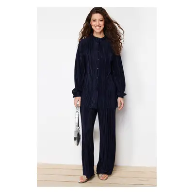 Trendyol Navy Blue Pleated Knitted Two Piece Set