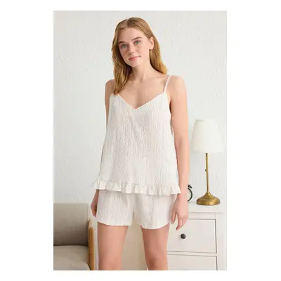 Trendyol Ecru 100% Cotton Woven Pajama Set with Ruffled Rope Straps and Shorts