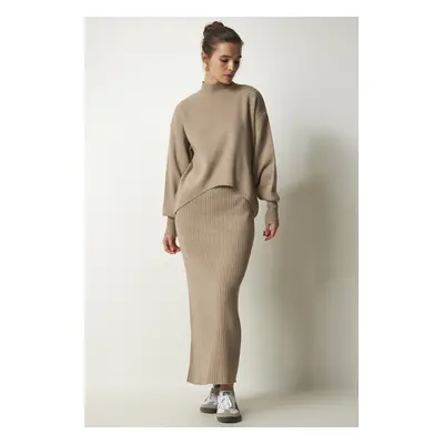 Happiness İstanbul Women's Mink Ribbed Knitwear Sweater Dress