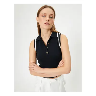 Koton Color Contrast Detailed Gold Buttoned Polo Collar Sleeveless Knit Top