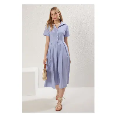 Trendyol Blue Striped Skirt Opening at Waist with Half Placket Midi Woven Dress